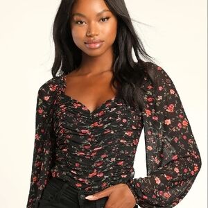 Lulus NWT Blooming with Bliss Black Floral Ruched Long Sleeve Bodysuit Size L